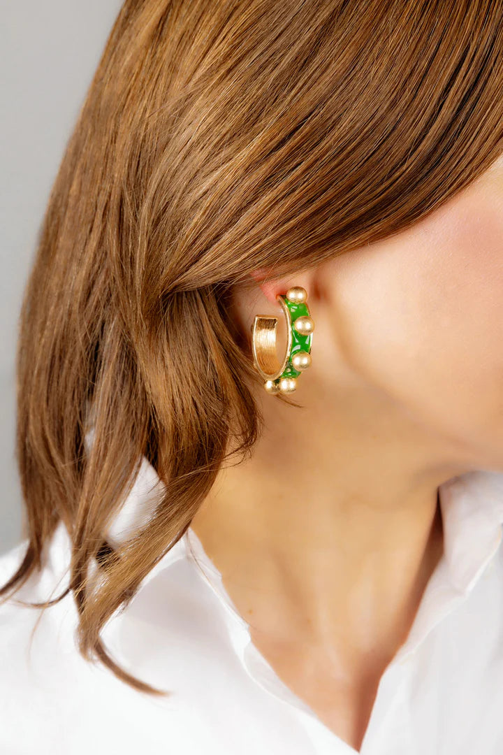 Jenna Chunky Enamel Studded Metal Hoop Earrings in Green