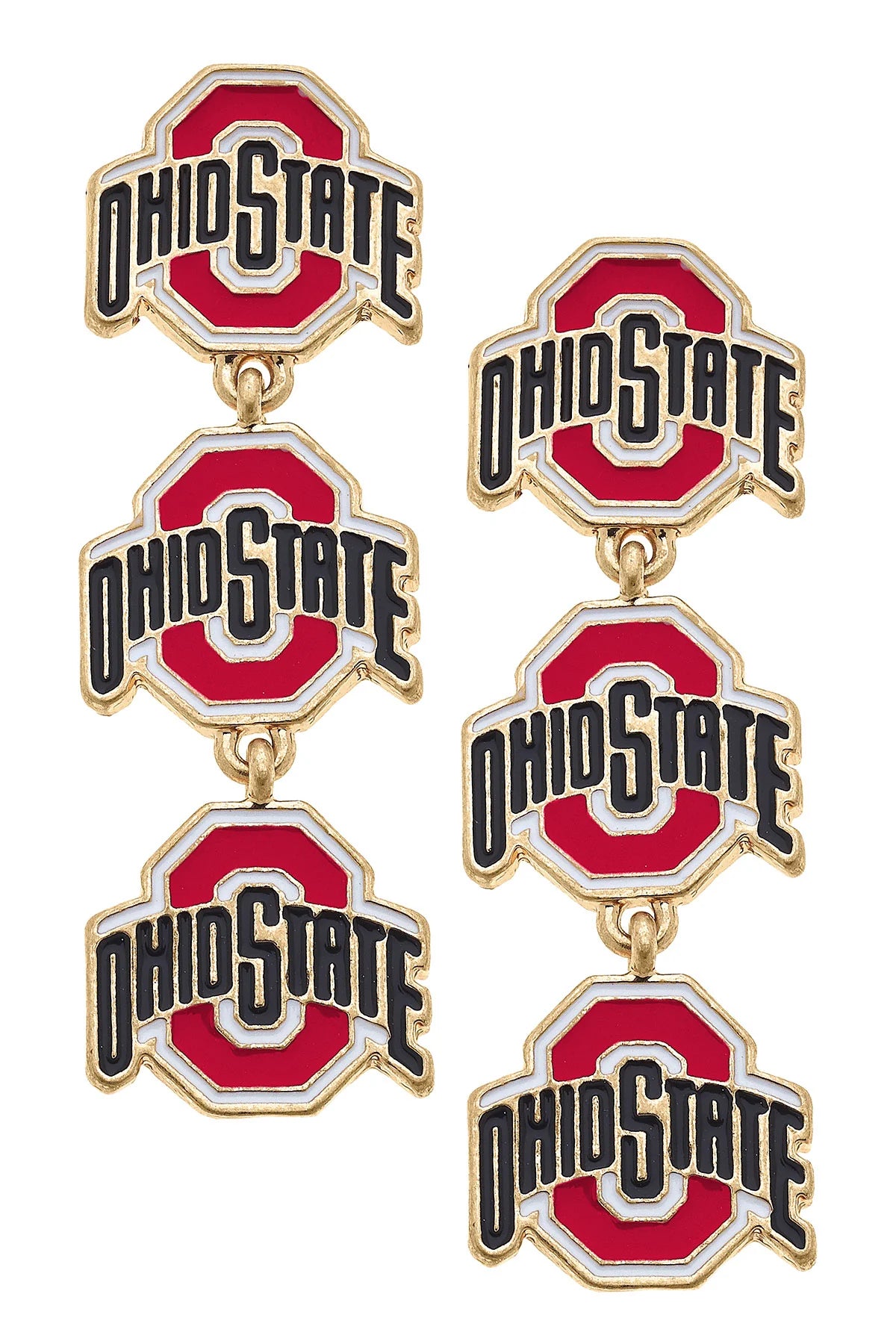 Ohio State Triple Tiered Enamel Earrings in Scarlet/White