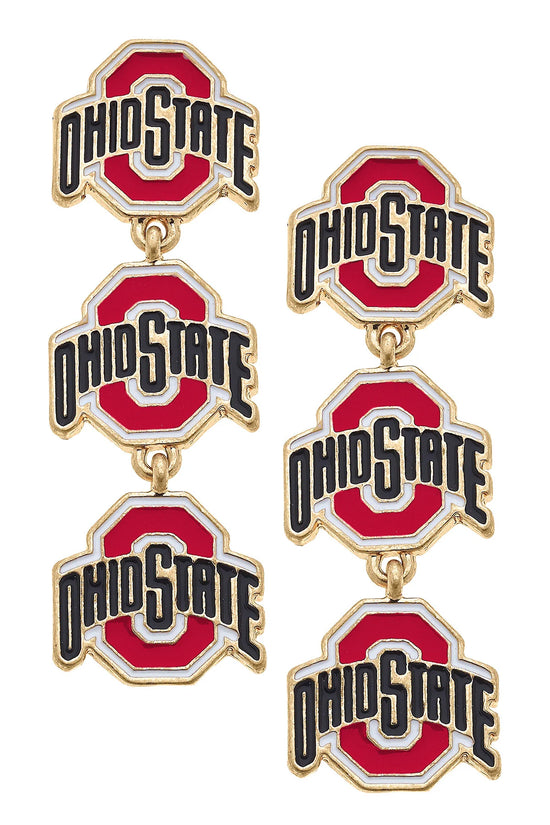 Ohio State Triple Tiered Enamel Earrings in Scarlet/White