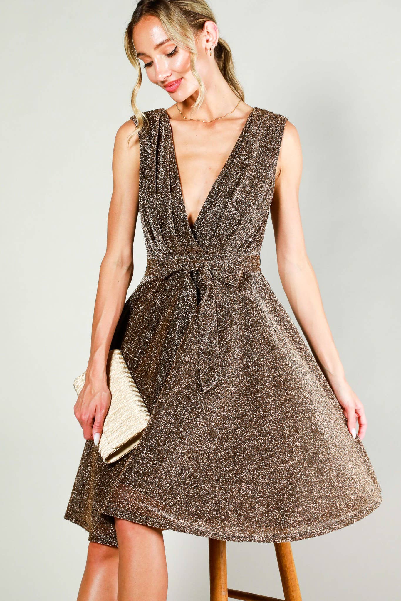 Surplice V-neck Sleeveless Tie Waist Dress in Bronze