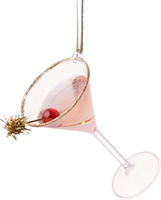 Martini Glass Ornament with Gold Rim & Pink Drink