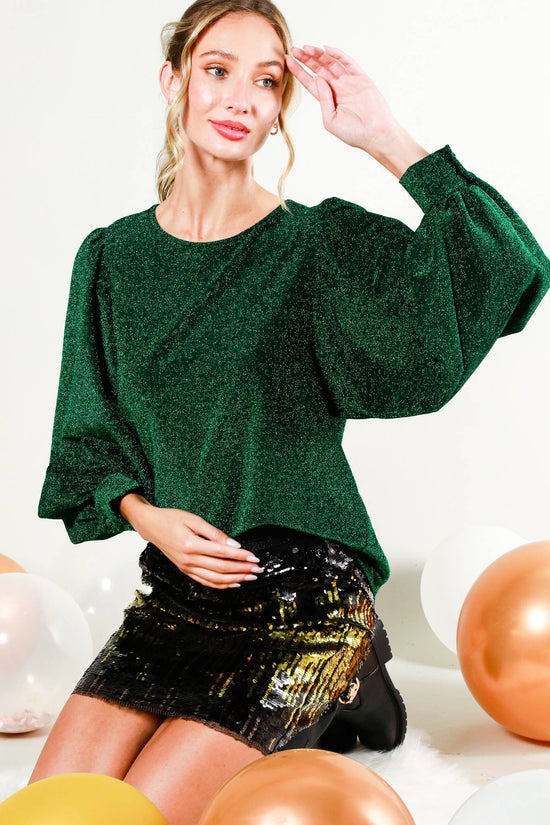 Balloon Long-Sleeve Round Neck Glitter Yarn Knit Top