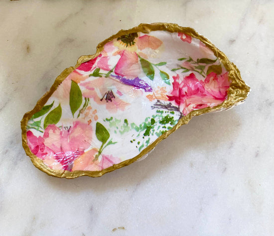 Medium Pink Floral Oyster Shell Jewelry Dish