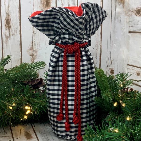 Black/White Check Wine Bottle Bag with Red Velvet Rope Tie