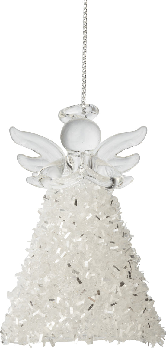 3.5" Glass Clear Angel Ornament with White Tinsel Glitter