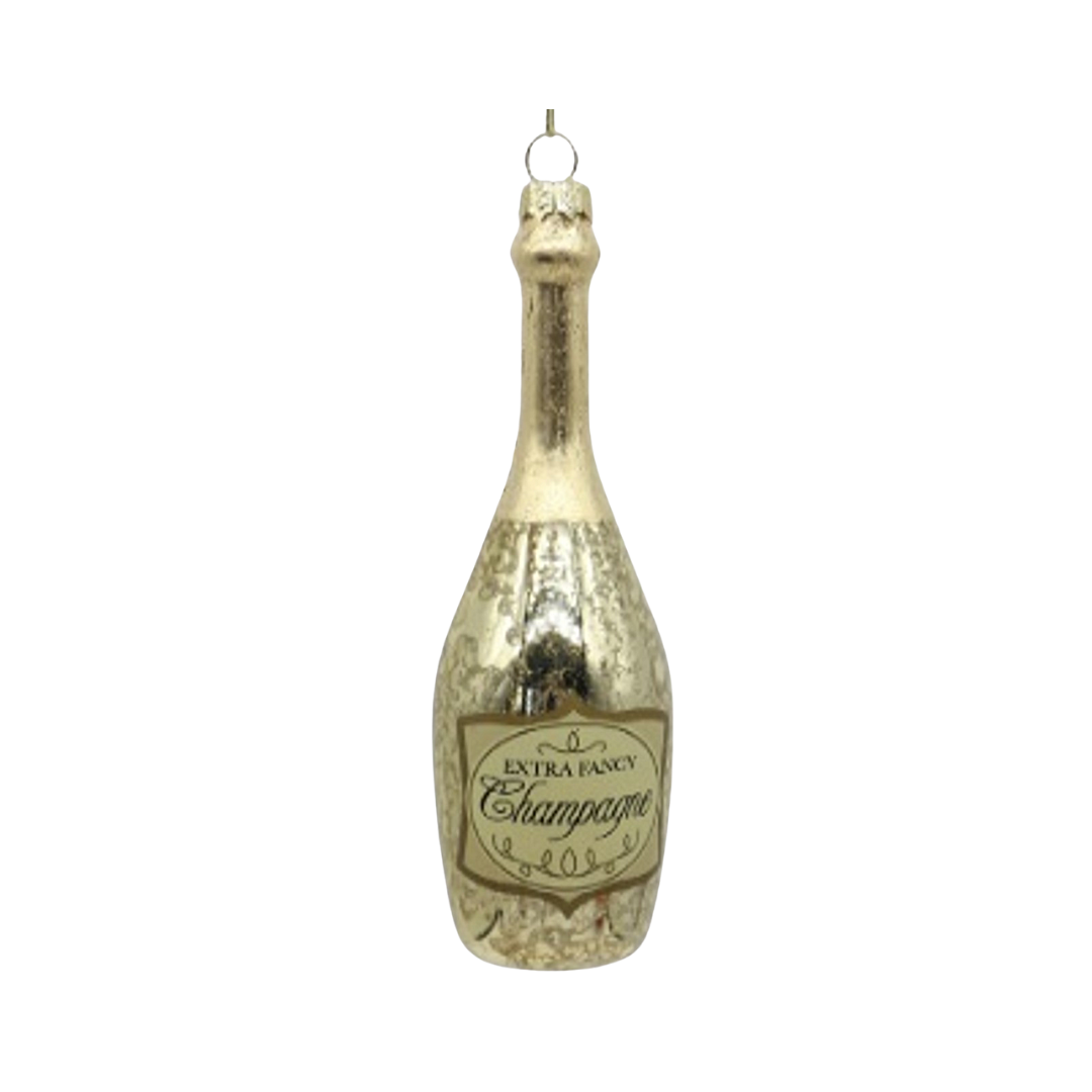 Blown Glass Champagne Bottle Ornament in gold