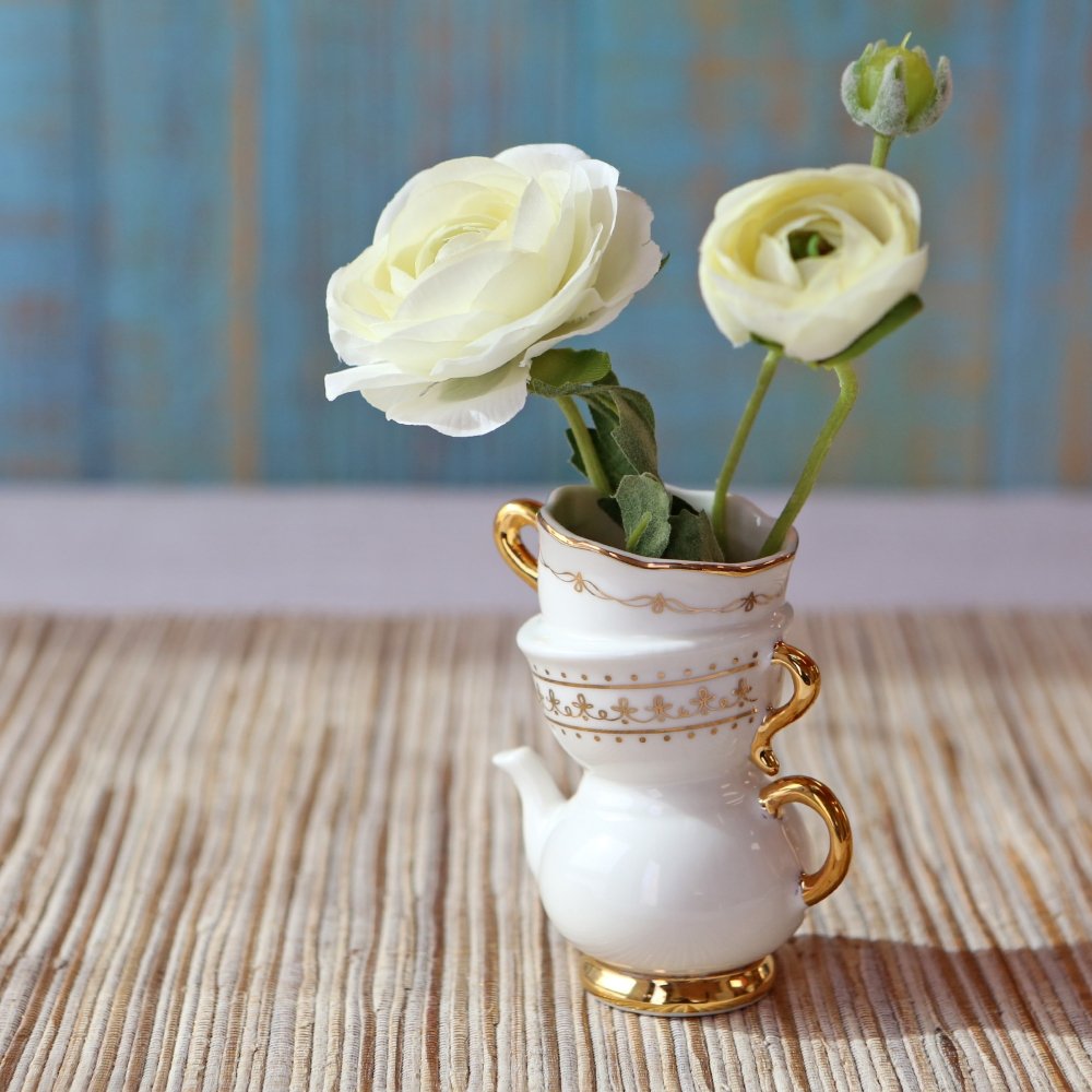 Set/2 Small Tea Time Whimsy Ceramic Bud Vase