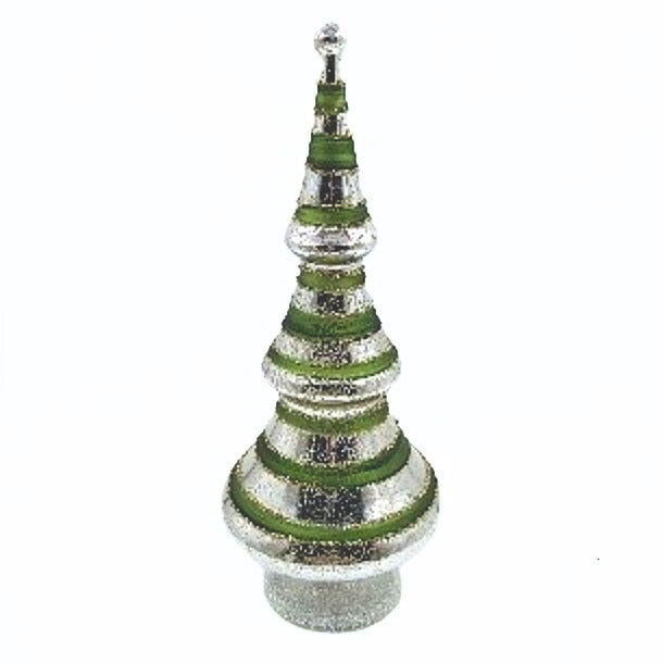 Glass table top tree, antique silver with green bands and vintage glitter trim, LED, 12 in