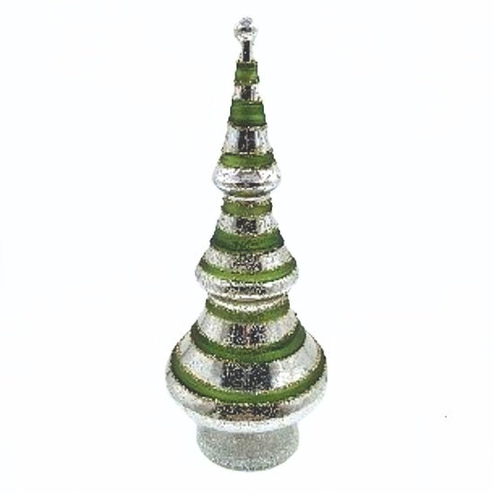 Glass table top tree, antique silver with green bands and vintage glitter trim, LED, 14 in