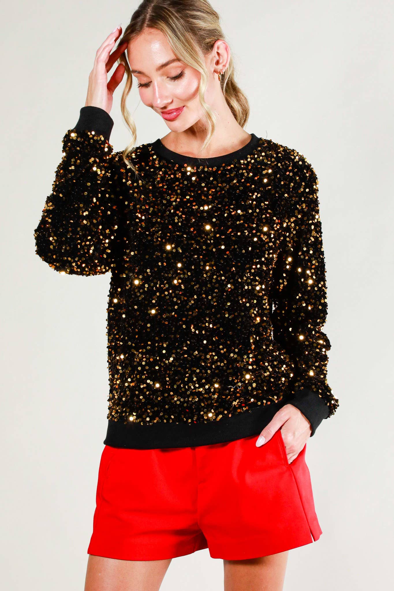 Golden Allover Sequin Crewneck Velvet Sweatshirt