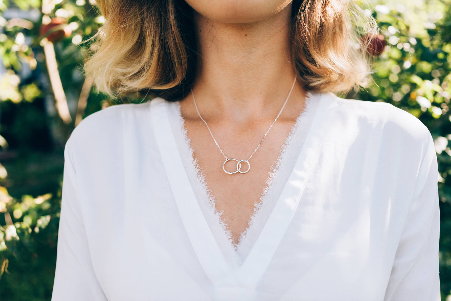 2 Rings Dainty Eternity Breast Cancer Survivor Necklace Gift: 14k Gold Vermeil / Pendant width: 1 Inches; Pendant height: .65 Inches; Necklace length: 18 Inches / Minimalist