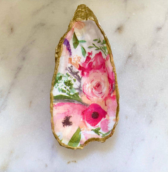 Medium Pink Floral Oyster Shell Jewelry Dish