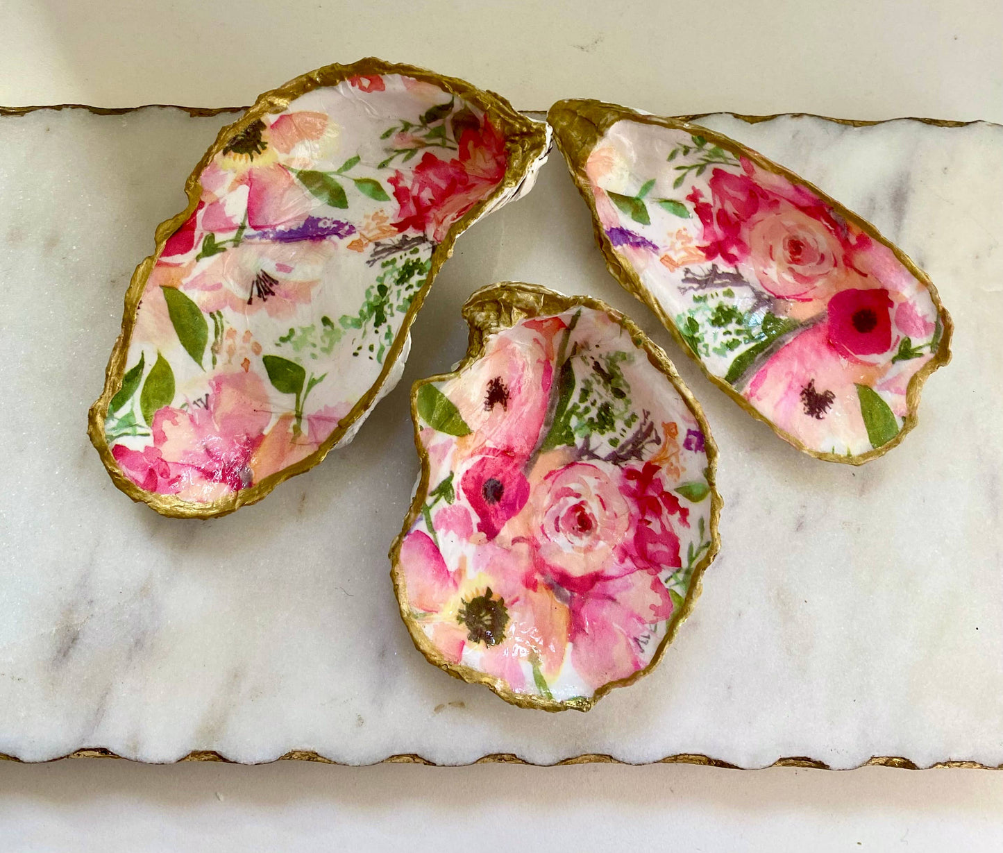 Large Pink Floral Oyster Shell Jewelry Dish