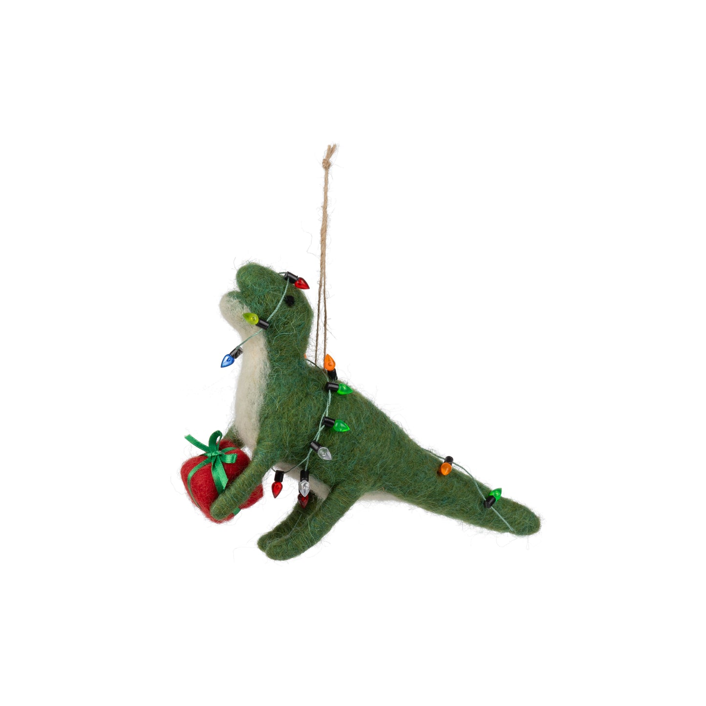 Green Felt Dinosaur Ornament in Lights Holding Present