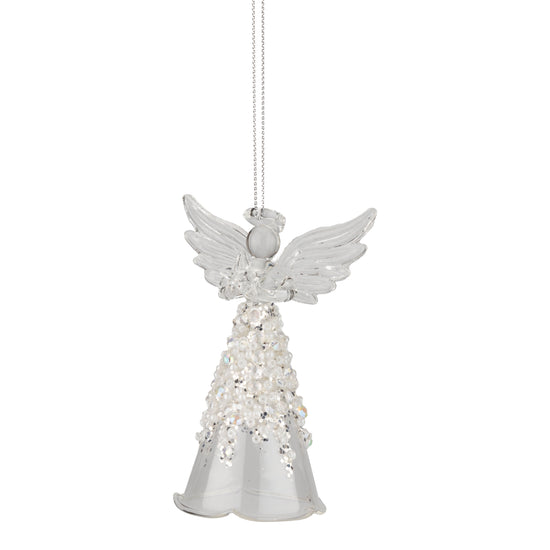 4" Glass Clear Angel Ornament with Platinum Silver Glitter