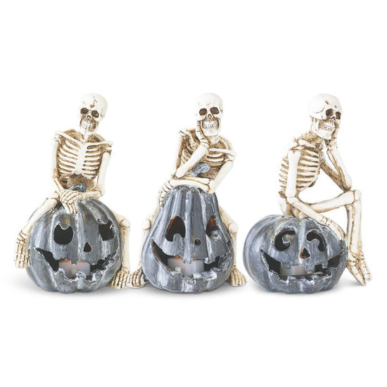 Assorted 5.5" Resin Skeletons Sitting on Jack O' Lanterns