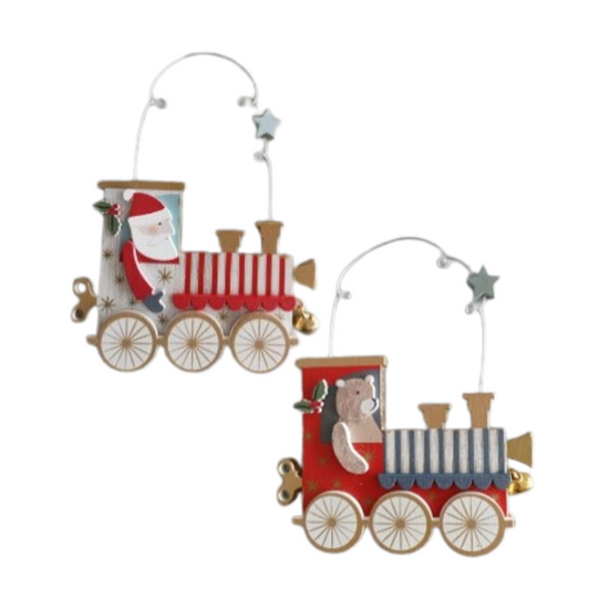 Wood Toy Santa & bear Striped Train Ornaments