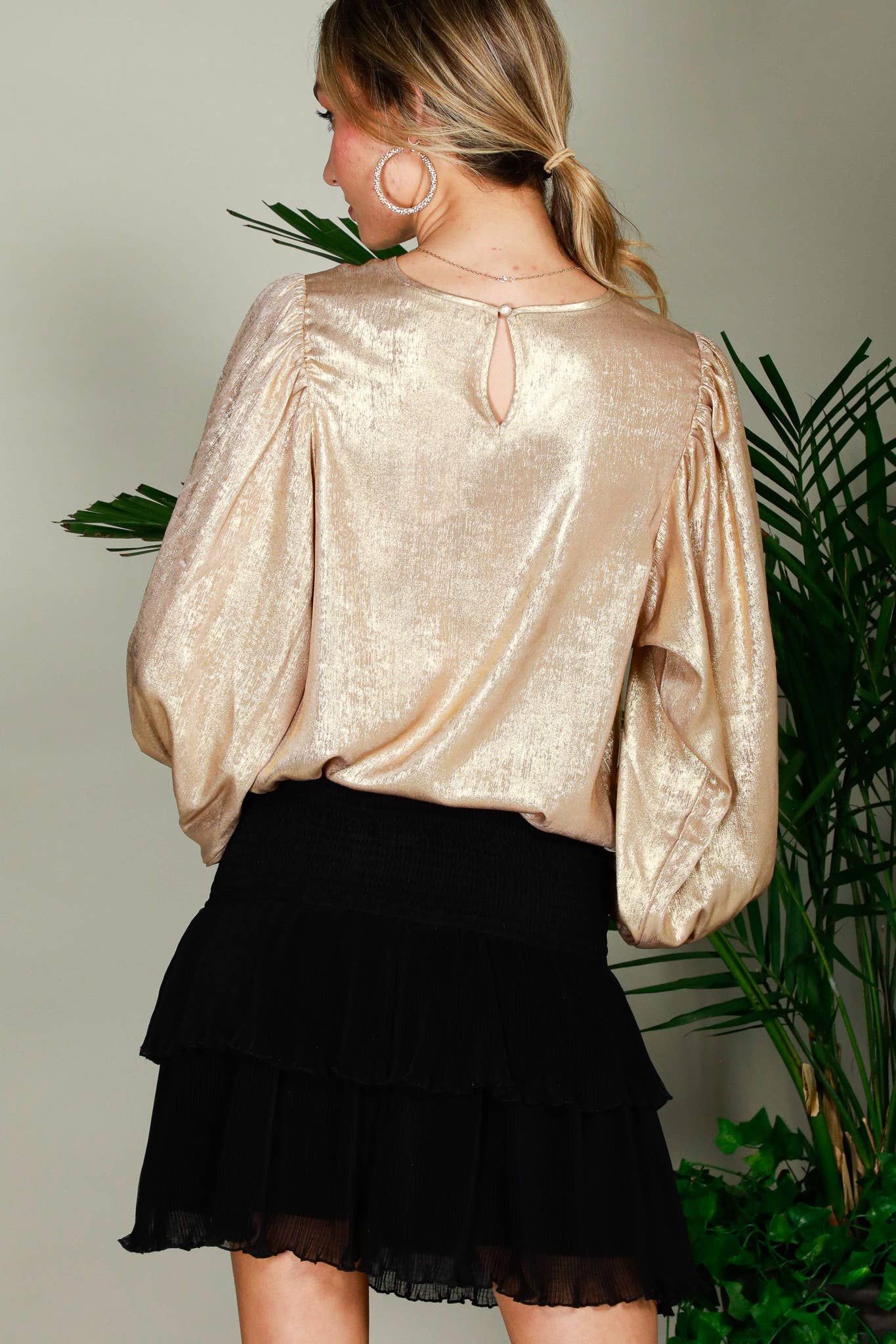 Long Balloon Sleeve Round Neck Metallic Woven Blouse