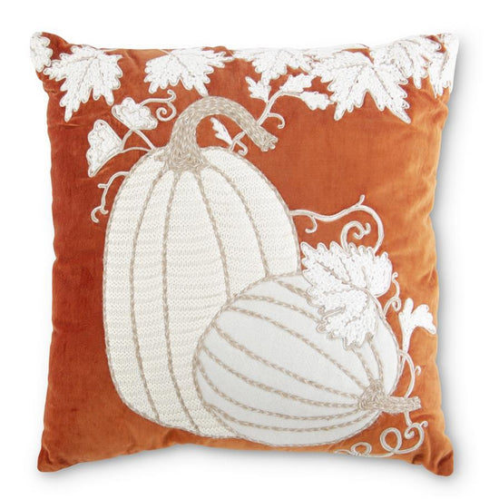 18" Square Orange Velvet Pumpkin Embroidered Pillow