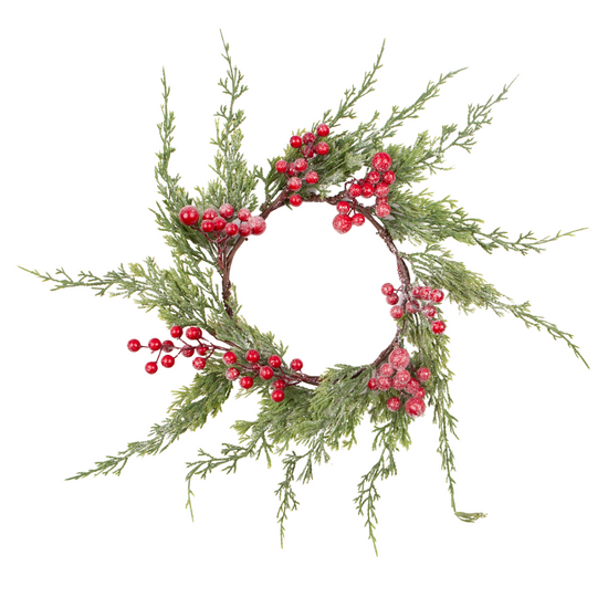 Frosted Faux Cedar Branch and Red Berry Candle Ring