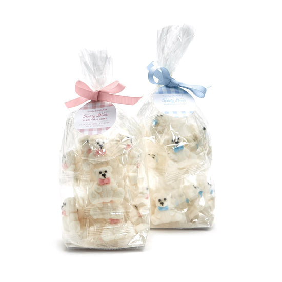 Beary Sweet Vanilla Flavored Bear Marshmallows in Gift Bag Pink Bows and Blue Bows (each candy piece is individually wrapped) - Net Wt. 4.2 oz./120g Sugar (approximately 20 pcs)