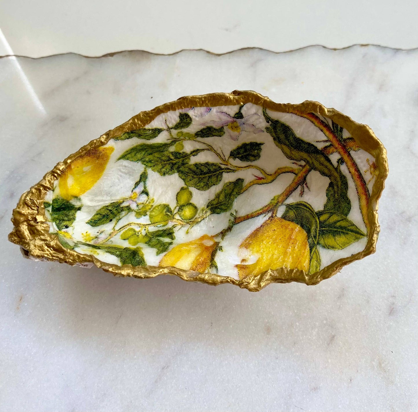 Small Lemon Print Oyster Shell Jewelry Dish