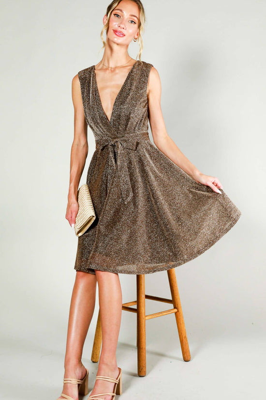 Surplice V-neck Sleeveless Tie Waist Dress in Bronze