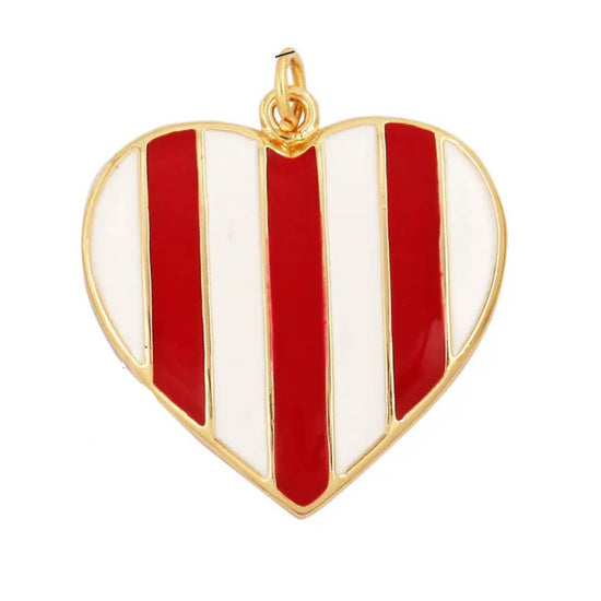 Red & White Stripe Heart Charm For Charm Necklace