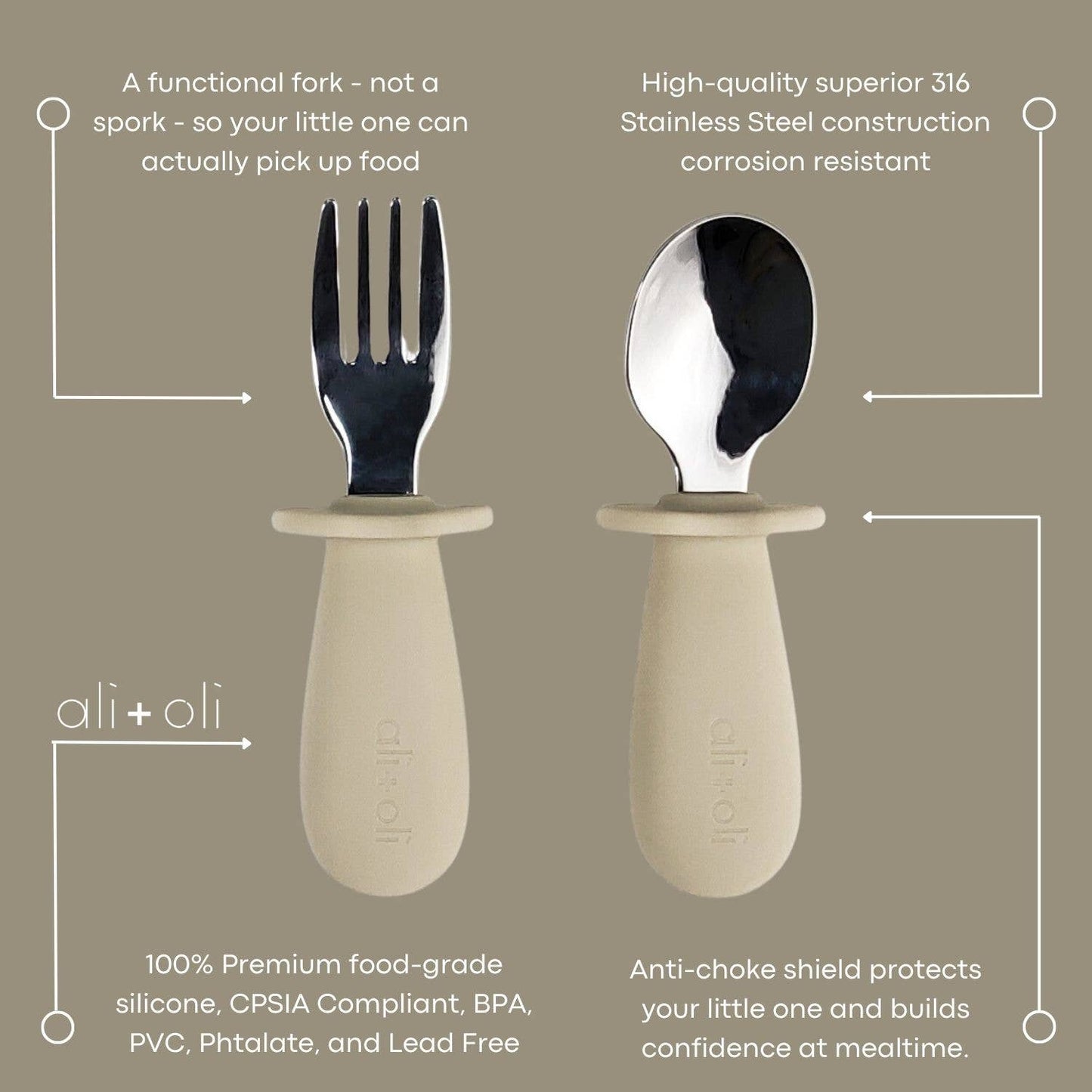 Spoon & Fork Learning Set for Toddlers (Khaki) 6m+