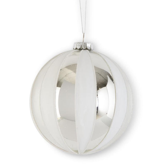 4.75 Inch White & Silver Round Striped Glass Ornament