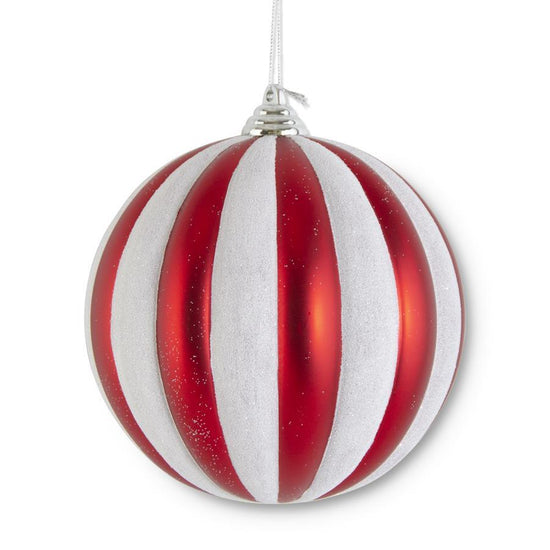 6 Inch Red & White Glittered Striped Shatterproof Ornament
