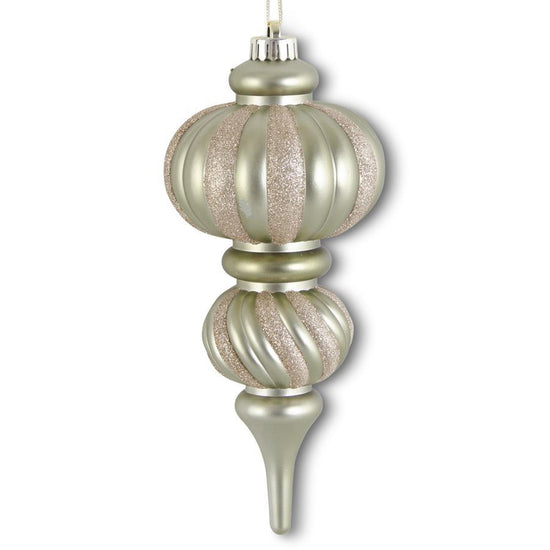 10 Inch Gold & Champagne Glittered Striped Shatterproof Finial Ornament