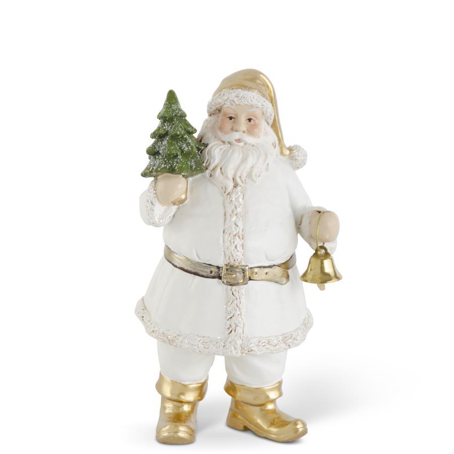 7.5 Inch White & Gold Resin Santa w/Tree & Bell