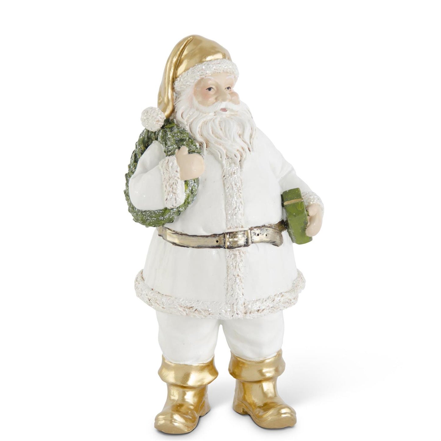 9 Inch White & Gold Resin Santa w/Wreath