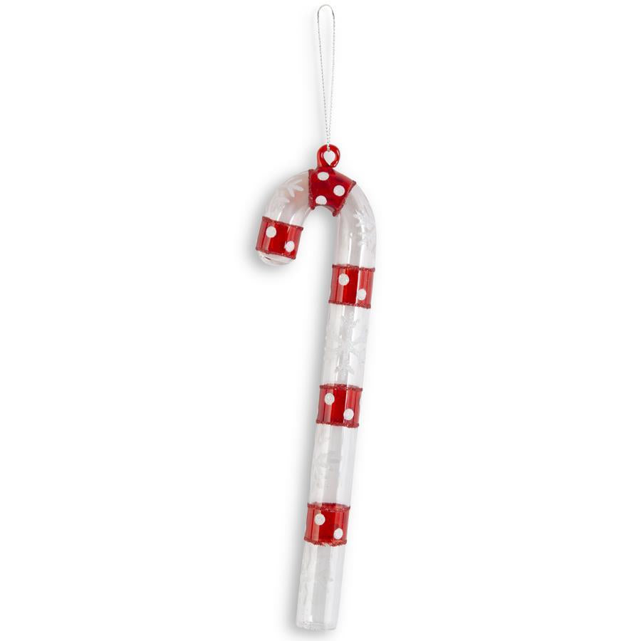 9" Striped Clear & Red Glass Candy Cane Ornament