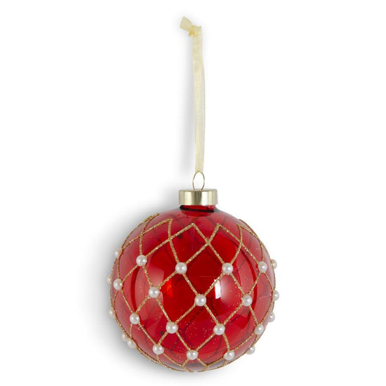 3.75 Inch Red Glass Ornament w/Gold Diamond Detailing
