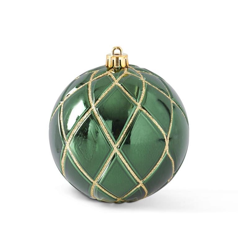 4 Inch Green w/Gold Glitter Shatterproof Ornament