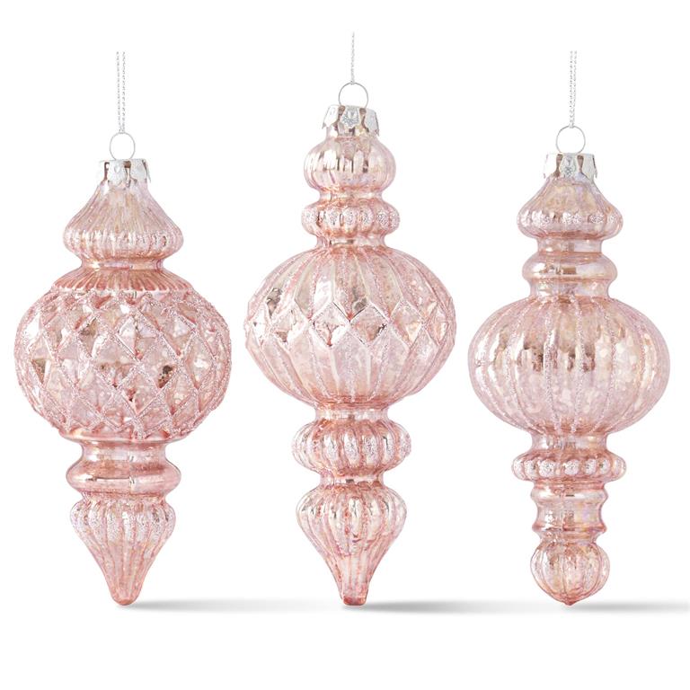 Glittered Pink Mercury Glass Finial Ornaments