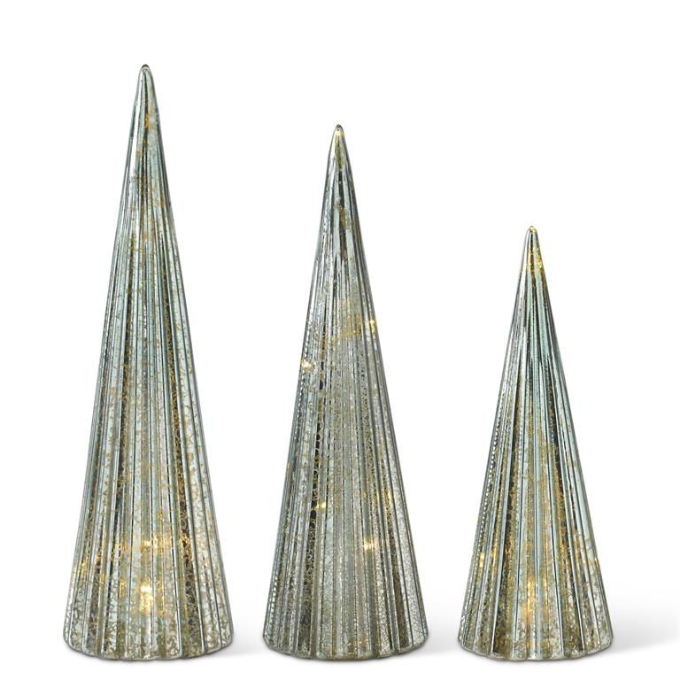 LED Sage Green Mercury Glass Ribbed Trees with Timer