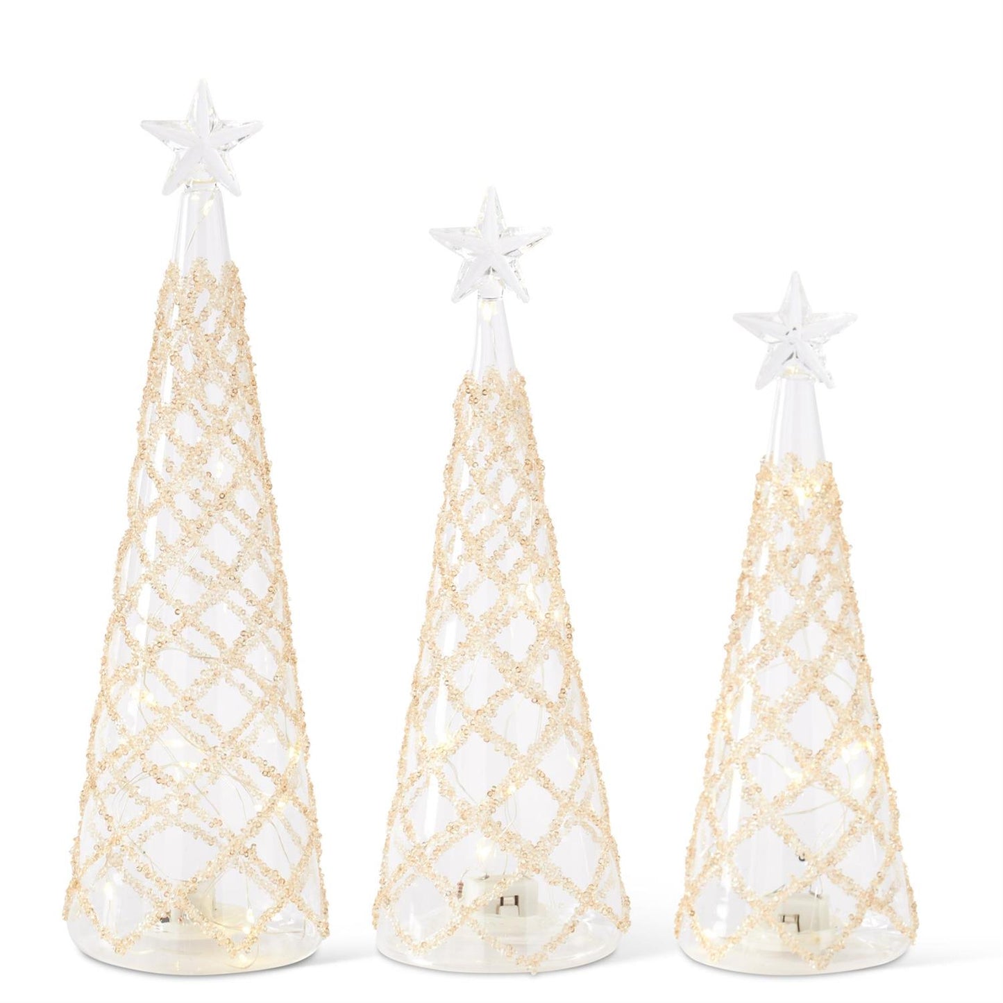 Clear Glass LED Trees w/Lattice Gold Beads