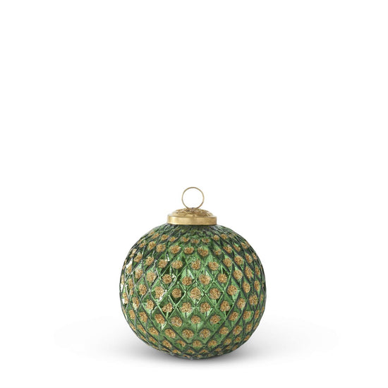 4 inch Green/Gold Diamond Glass Embossed Ornament