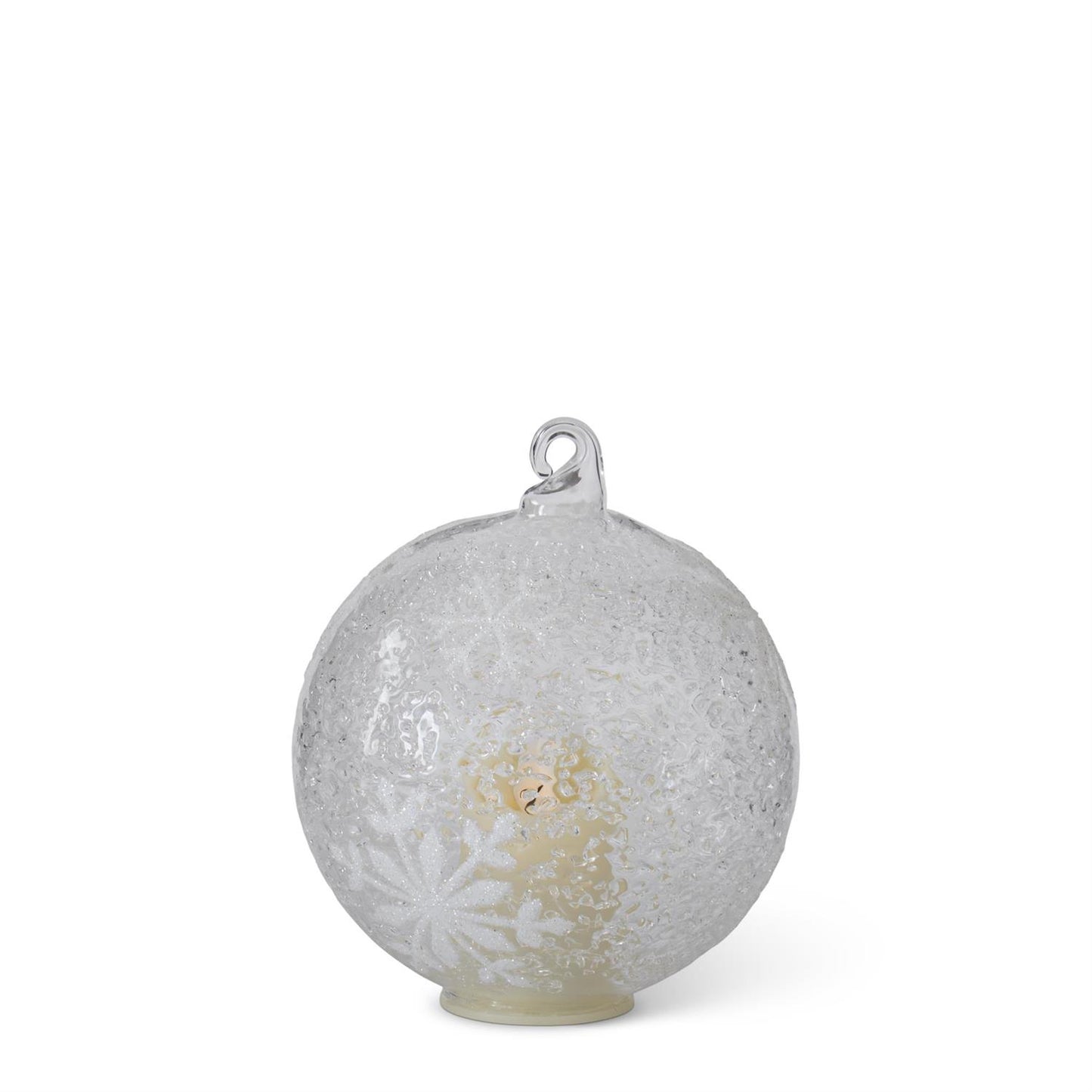 4.75 Inch LED Ice Textured Clear Glass Ornament w/White Snow