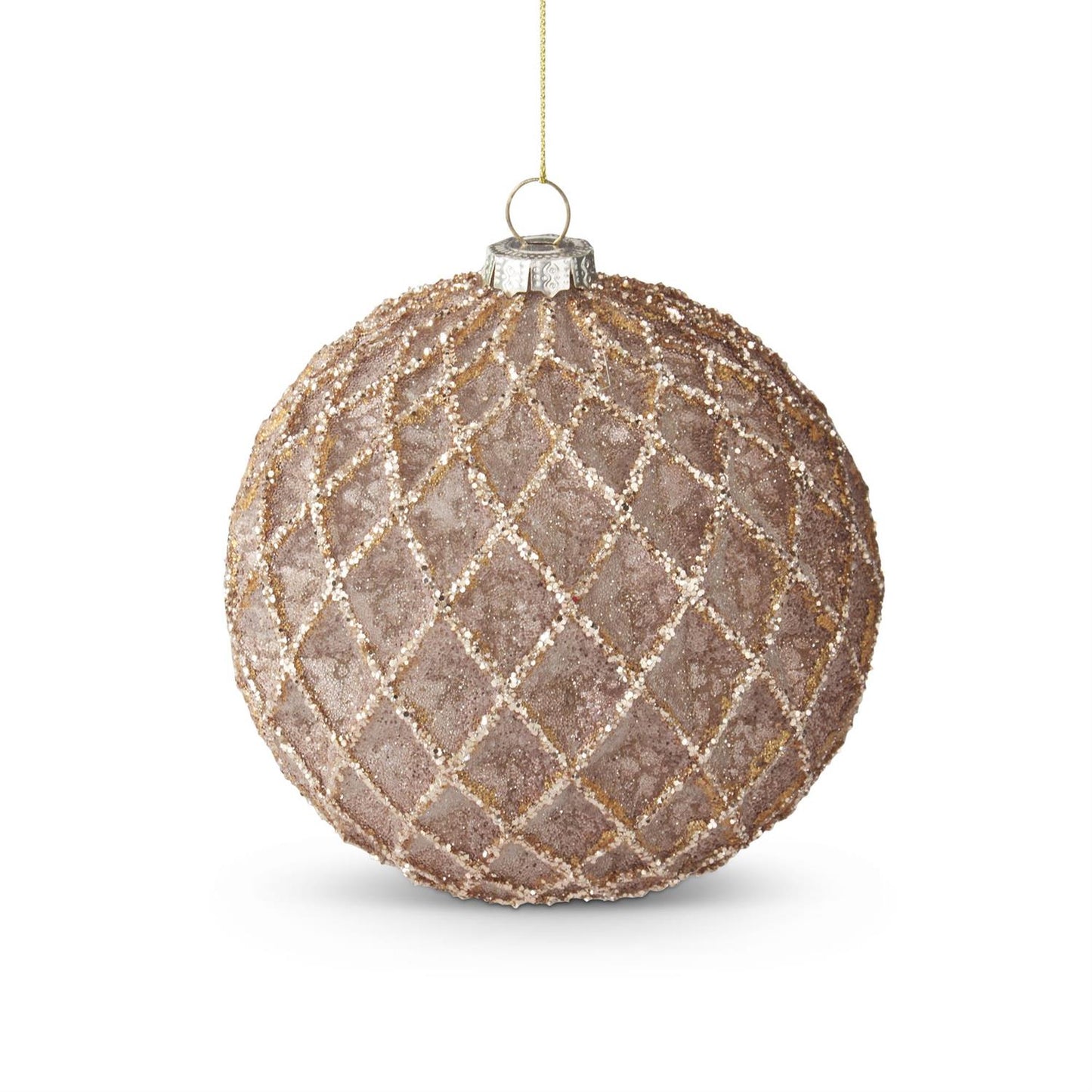 4.75 Inch Glittered Brown Quilted Glass Round Ornament