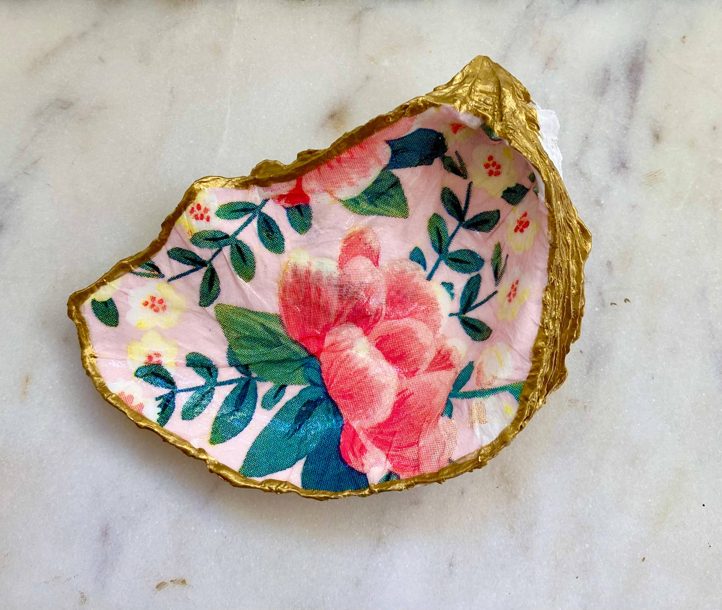 Small Peony Print Oyster Shell Jewelry Dish