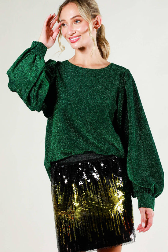 Balloon Long-Sleeve Round Neck Glitter Yarn Knit Top