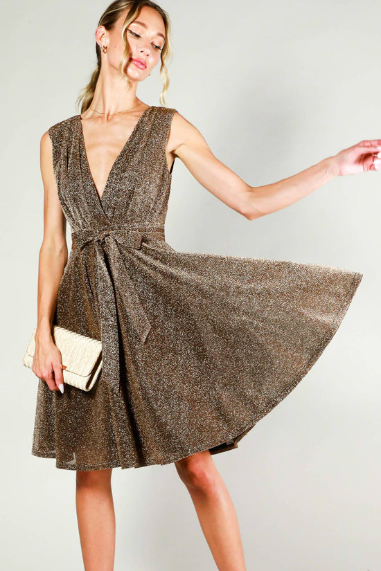 Surplice V-neck Sleeveless Tie Waist Dress in Bronze