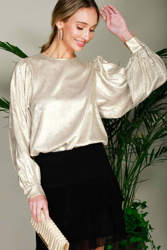 Long Balloon Sleeve Round Neck Metallic Woven Blouse