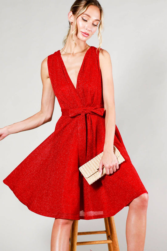 Surplice V-neck Sleeveless Tie Waist Dress: Red