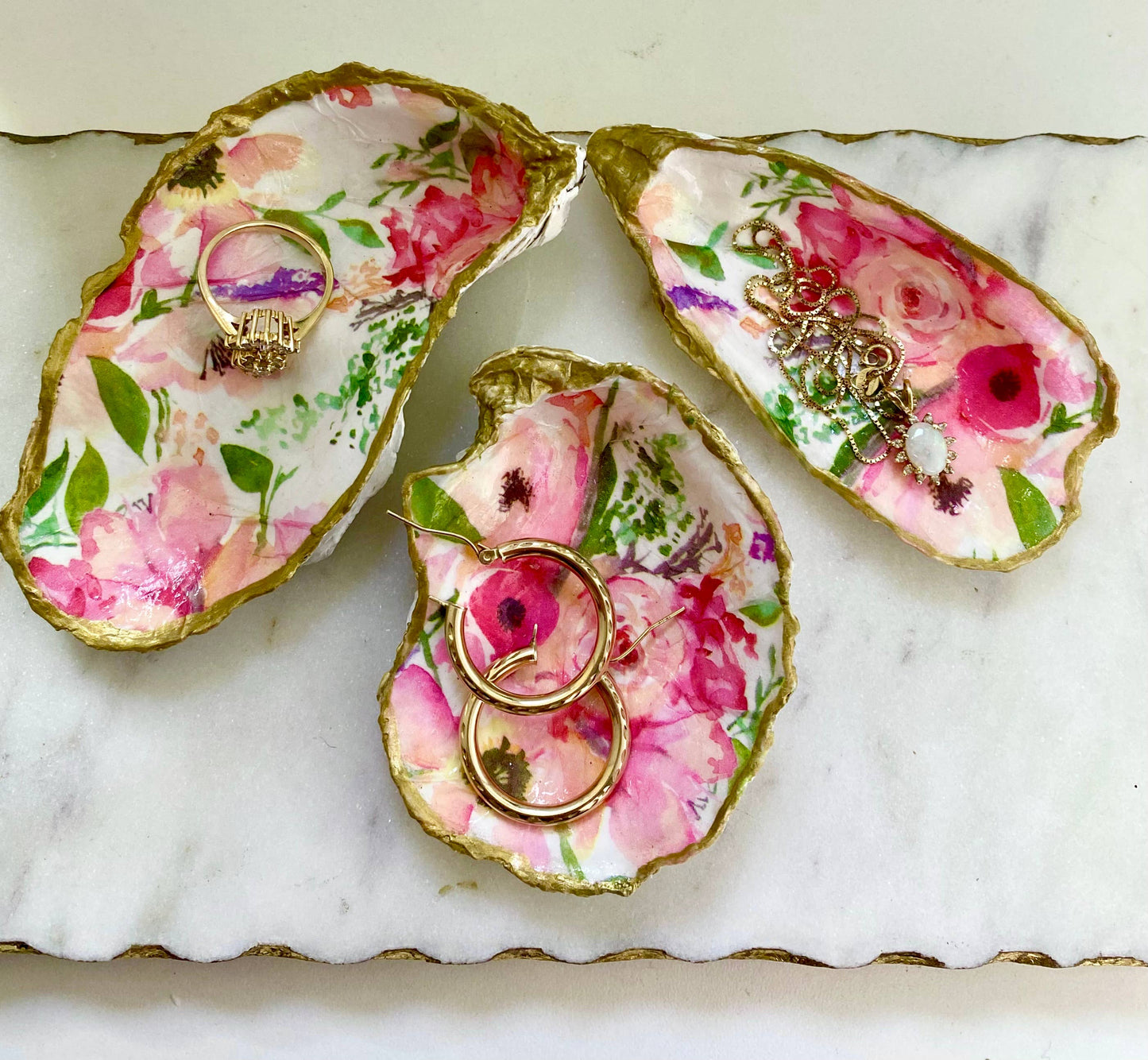 Medium Pink Floral Oyster Shell Jewelry Dish