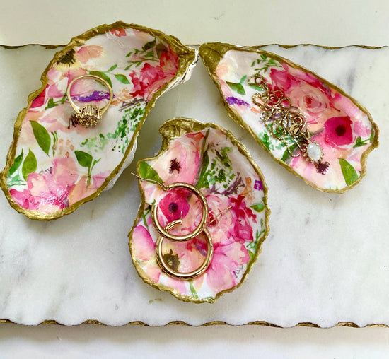 Small Pink Floral Oyster Shell Jewelry Dish